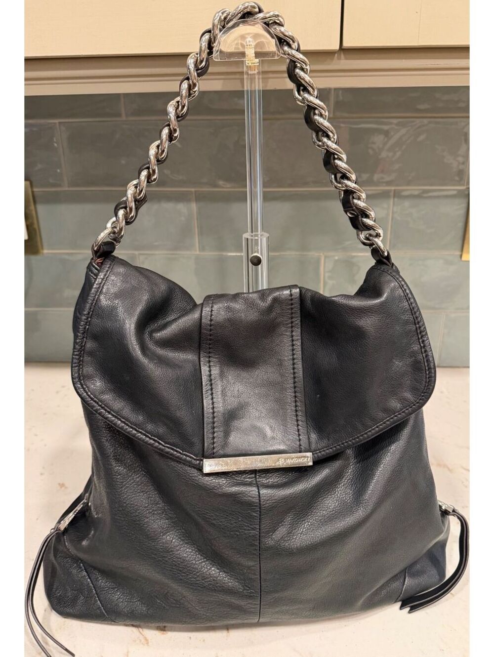 b. makowsky Vintage Black Pebbled Leather Hobo Shoulder Bag with Chain Strap